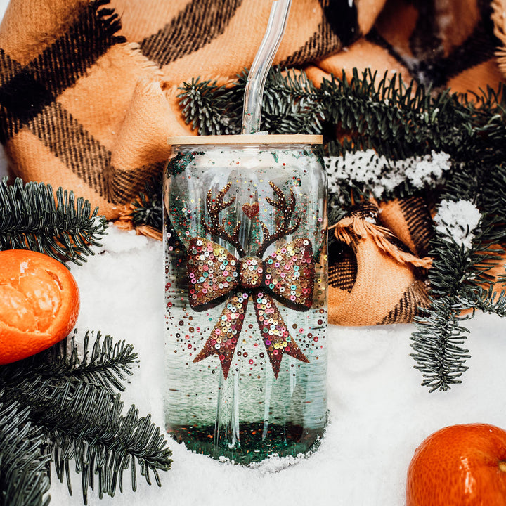Sequin Bow Reindeer Antlers Glass Tumbler 17oz Christmas Great Gift for Friends