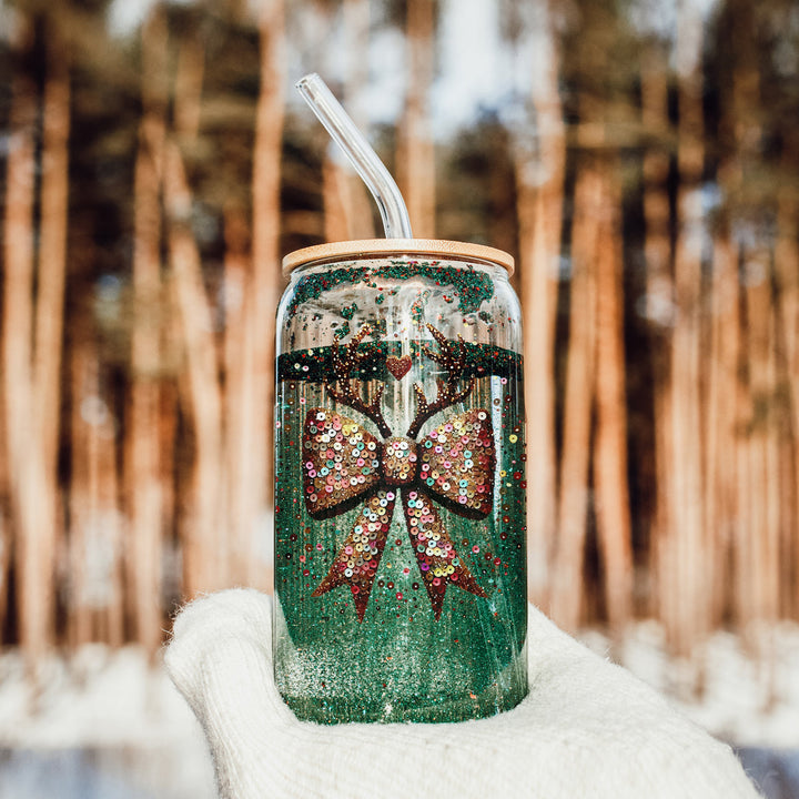 Sequin Bow Reindeer Antlers Glass Tumbler 17oz Christmas Great Gift for Friends