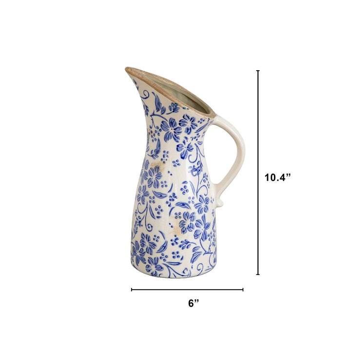 10.5” Floral Tuscan Ceramic Blue Scroll Pitcher Vase