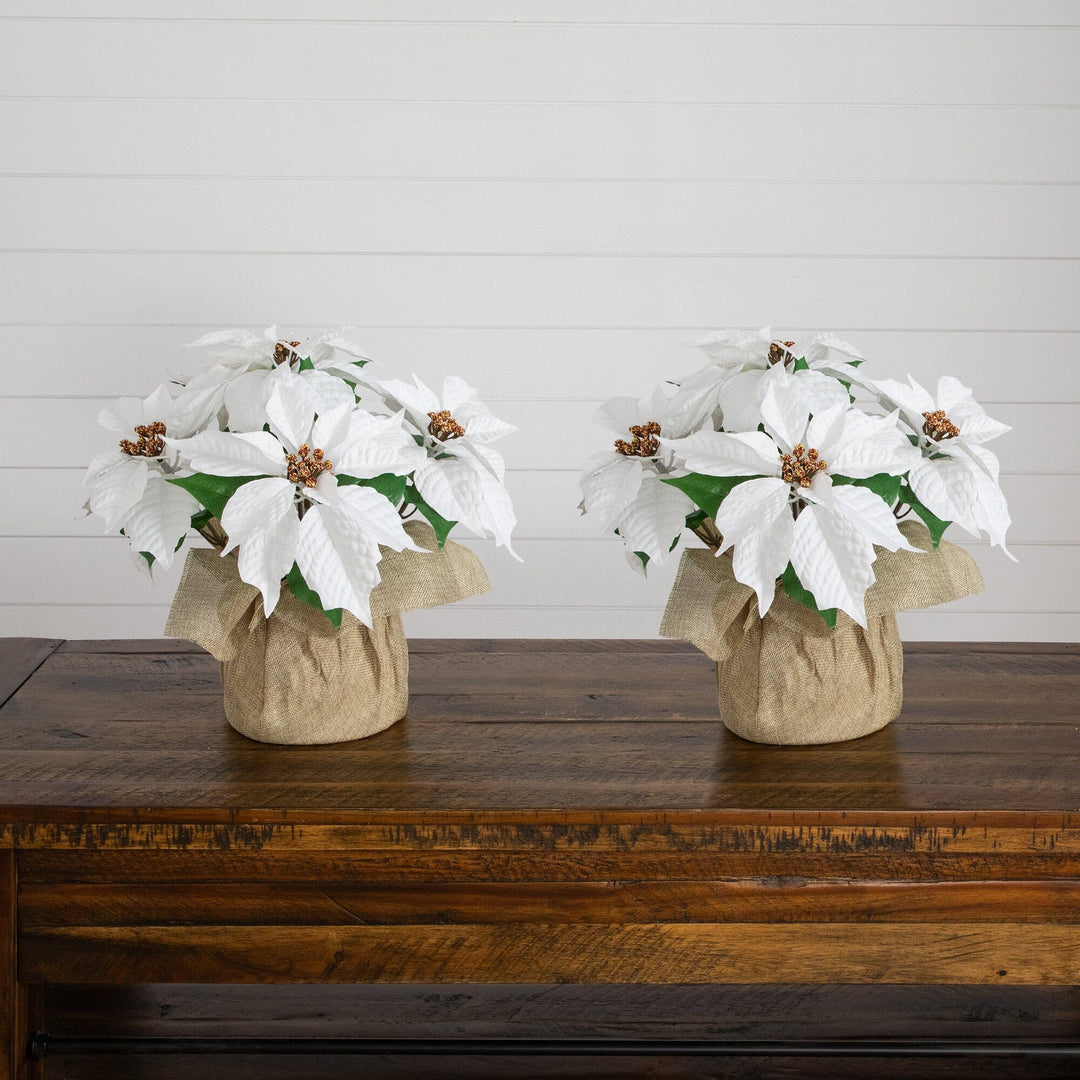 13" Artificial Poinsettia Arrangement in Burlap Planter - Set of 2