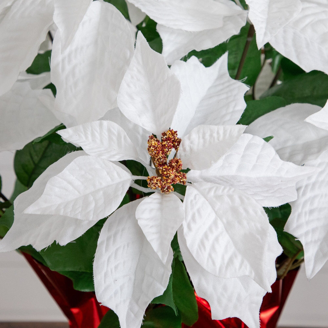 19” Artificial Lush White Poinsettia Arrangement in Red Wrapped Planter