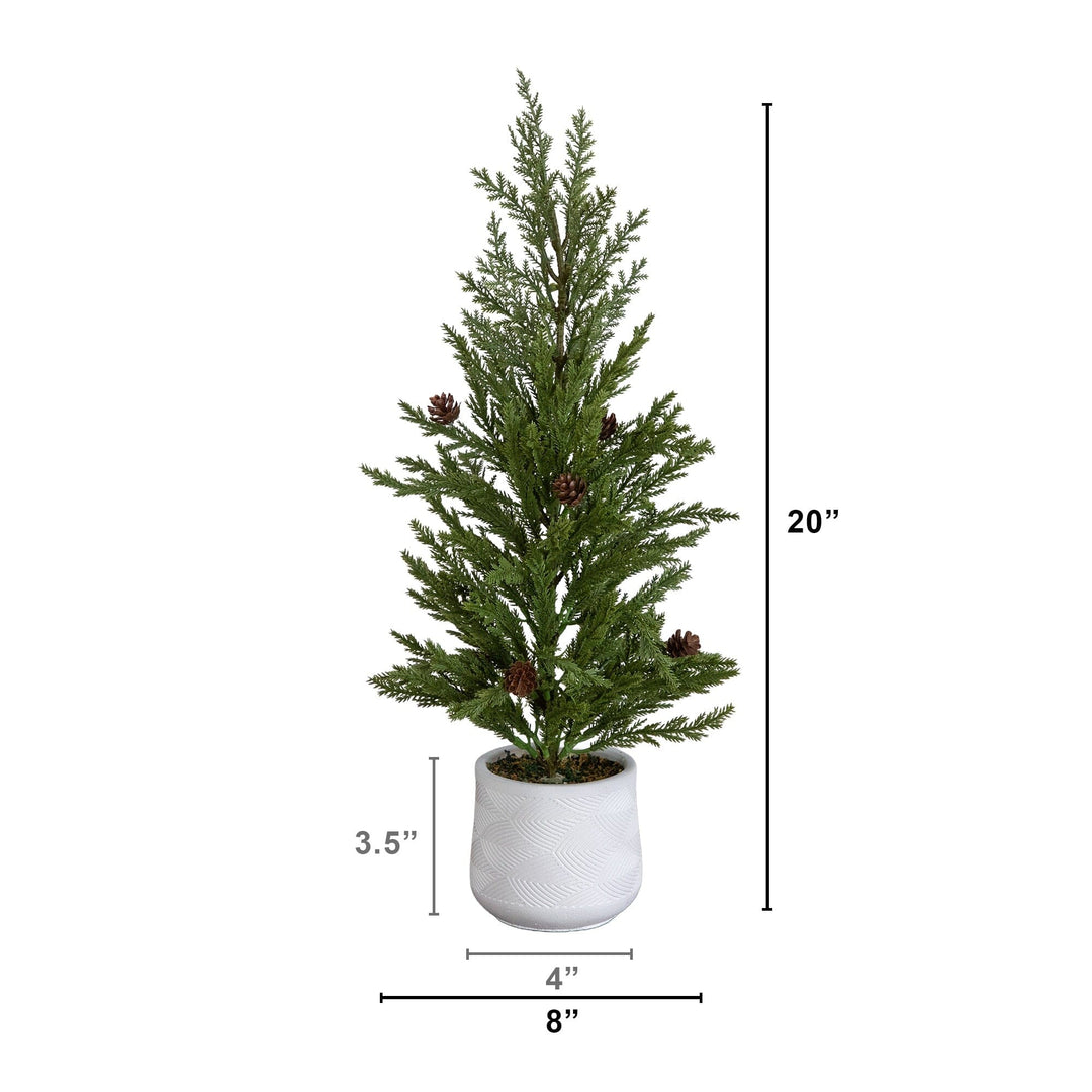 20” Artificial Christmas Cedar Pine Tree with Pinecones in White Ceramic Planter