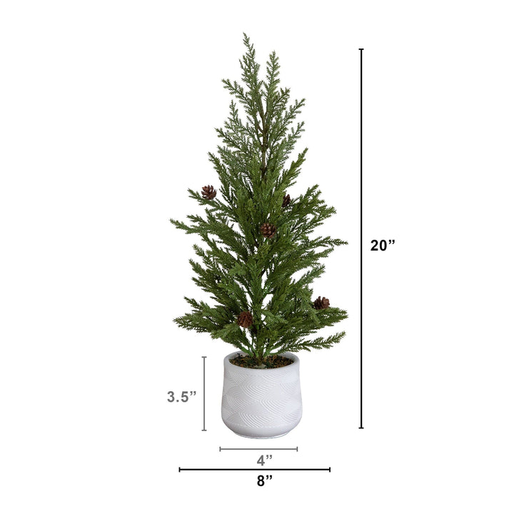 20” Artificial Christmas Cedar Pine Tree with Pinecones in White Ceramic Planter