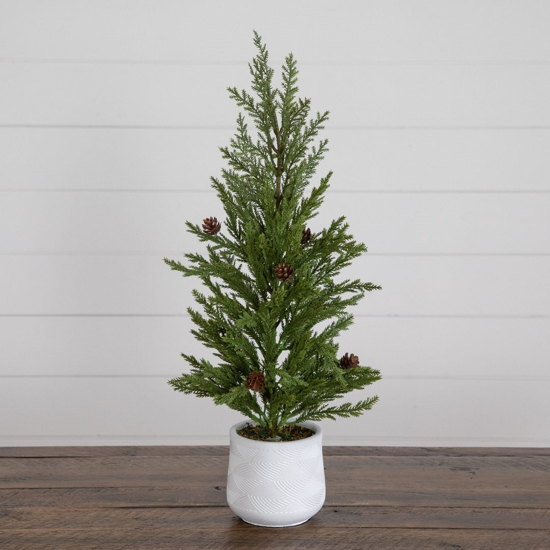 20” Artificial Christmas Cedar Pine Tree with Pinecones in White Ceramic Planter