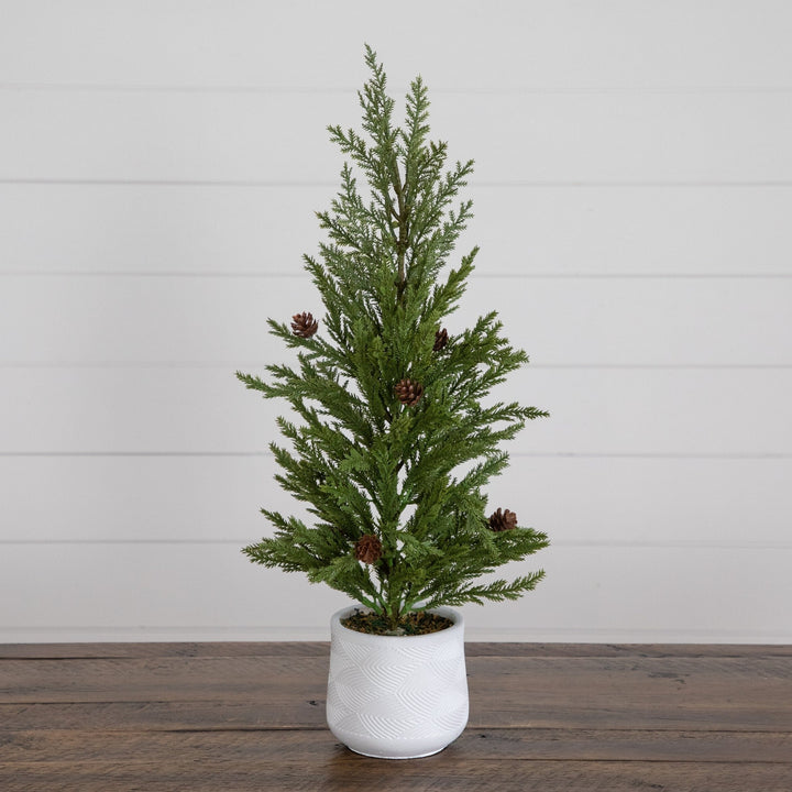 20” Artificial Christmas Cedar Pine Tree with Pinecones in White Ceramic Planter