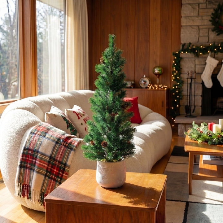 20” Artificial Christmas Tree with Pinecones in White Ceramic Planter
