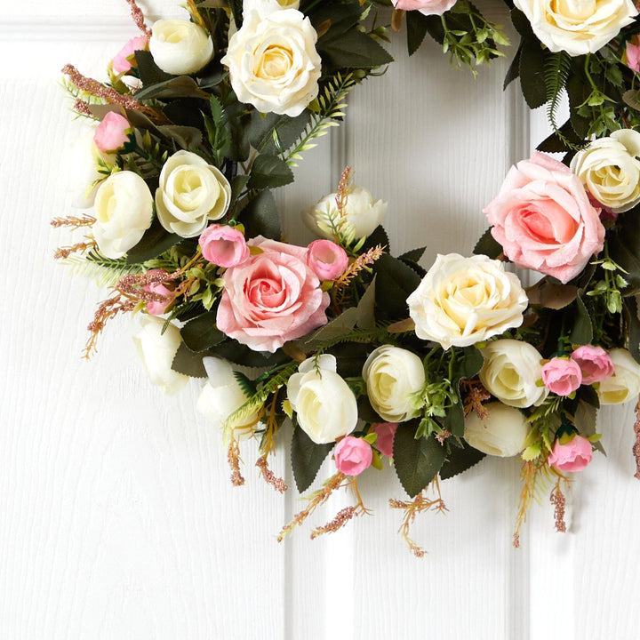 20” White &amp; Pink Rose Artificial Wreath