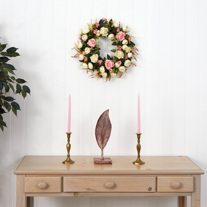 20” White &amp; Pink Rose Artificial Wreath