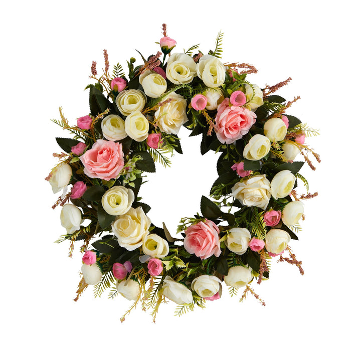 20” White &amp; Pink Rose Artificial Wreath
