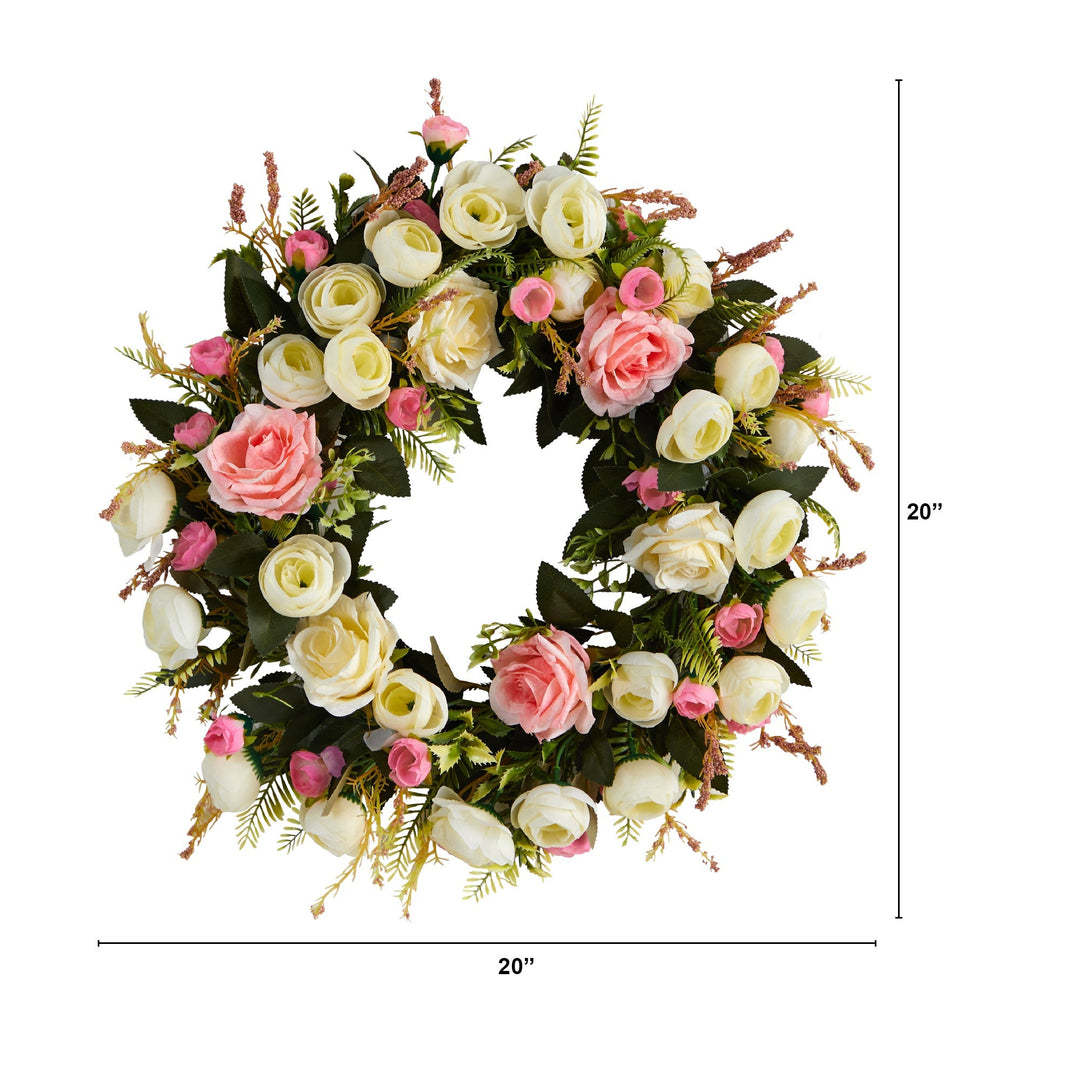 20” White &amp; Pink Rose Artificial Wreath