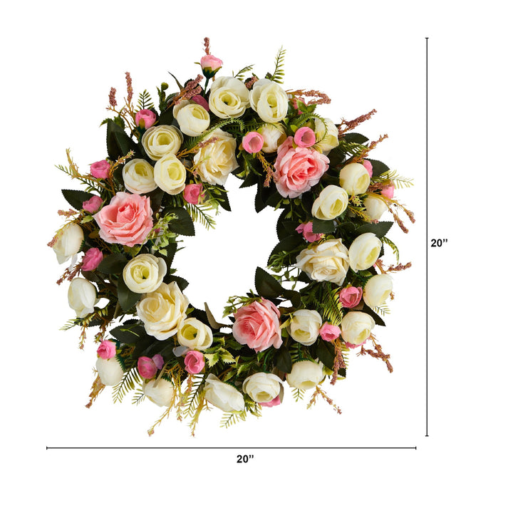 20” White &amp; Pink Rose Artificial Wreath