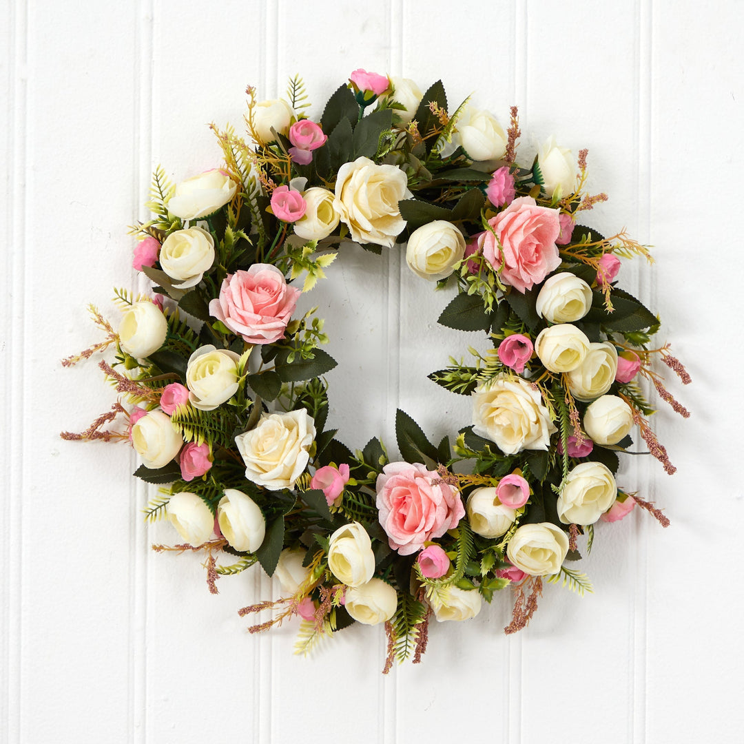 20” White &amp; Pink Rose Artificial Wreath