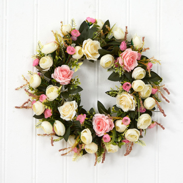 20” White &amp; Pink Rose Artificial Wreath