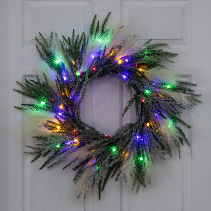 24" Artificial Balsam Fir Pine and Pampas Wreath with 50 Color Changing LED Lights
