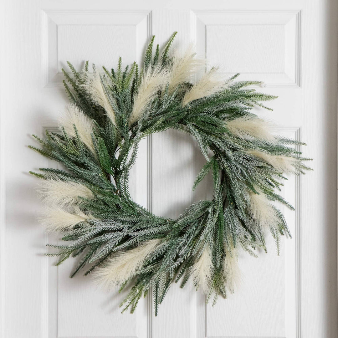24" Artificial Balsam Fir Pine and Pampas Wreath with 50 Color Changing LED Lights