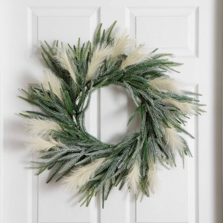 24" Artificial Balsam Fir Pine and Pampas Wreath with 50 Color Changing LED Lights