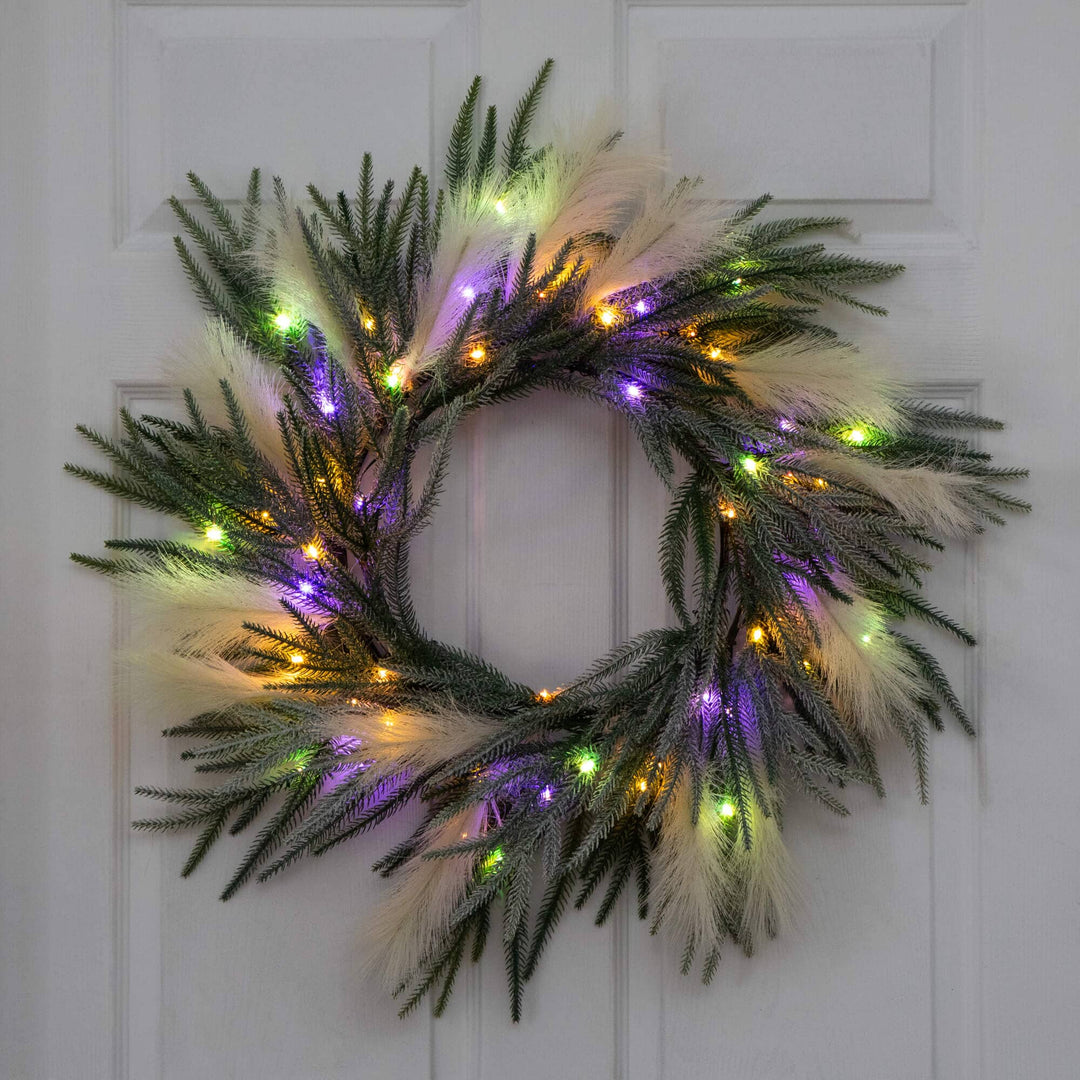 24" Artificial Balsam Fir Pine and Pampas Wreath with 50 Color Changing LED Lights
