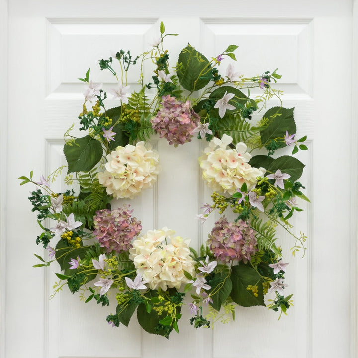 24” Artificial Hydrangea &amp; Berry Wreath Lively Greens and Purple