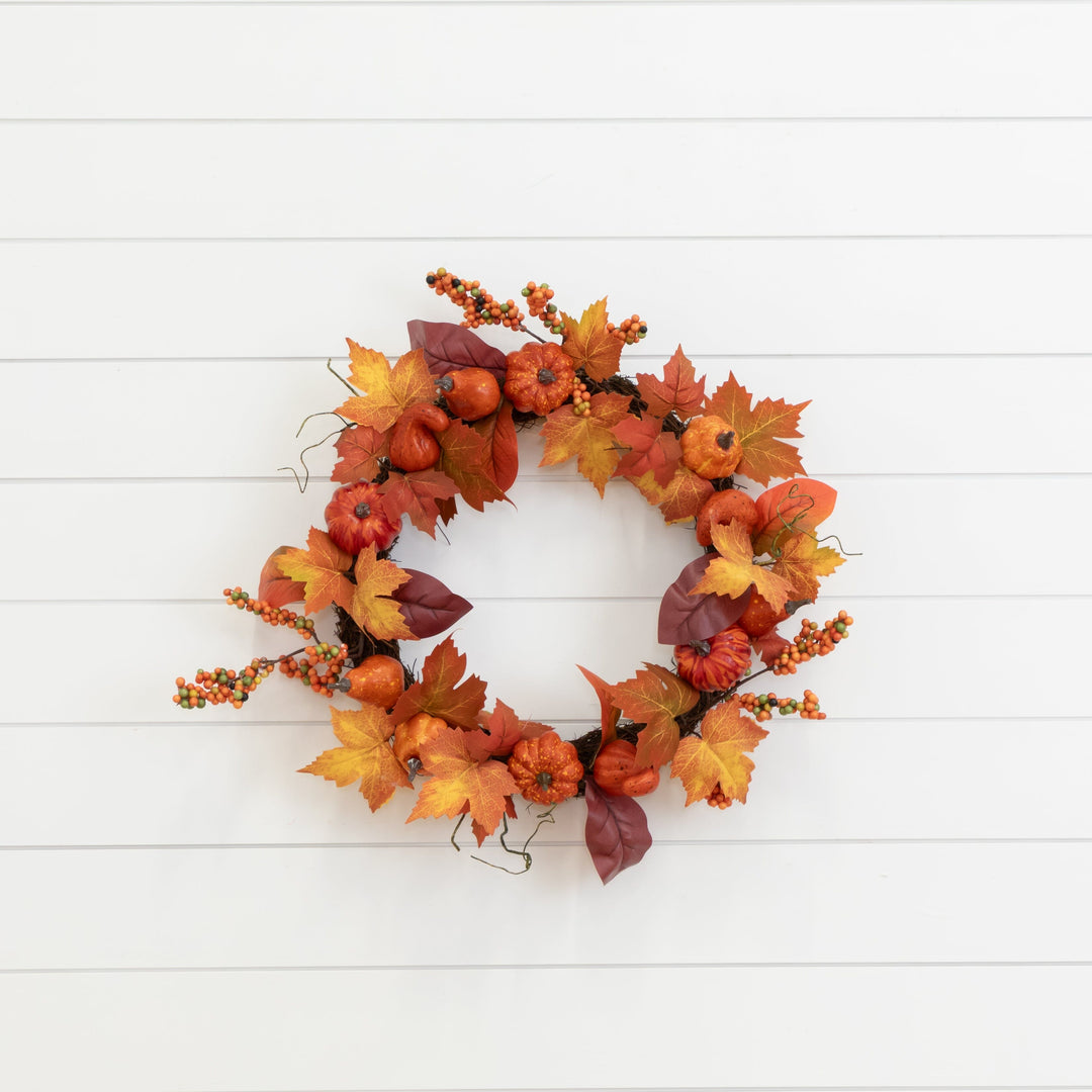 24” Autumn Maple Leaves, Pumpkin, Pinecone and Berries Artificial Fall Wreath