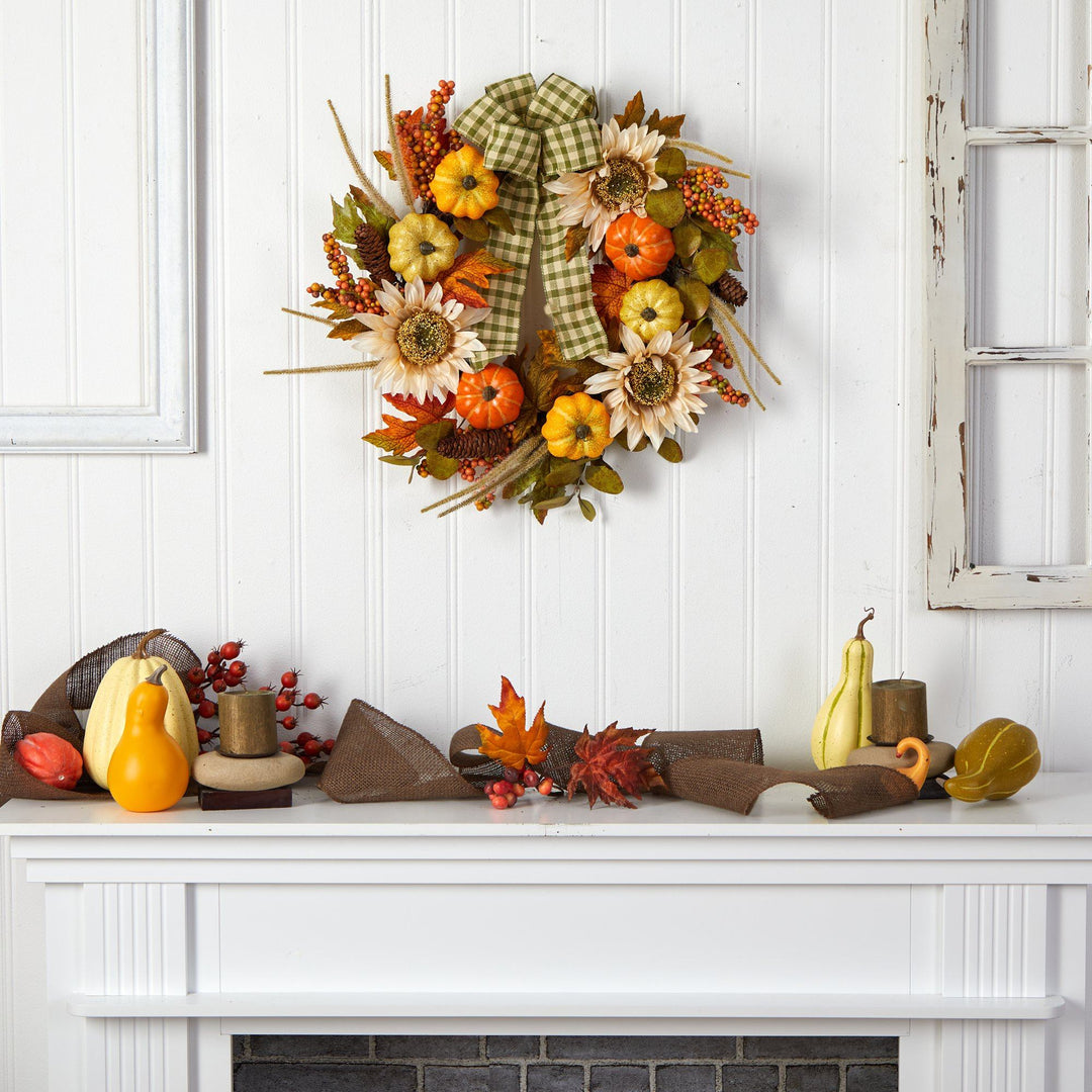 24” Fall Pumpkin, Sunflower Artificial Autumn Wreath with Decorative Ribbon