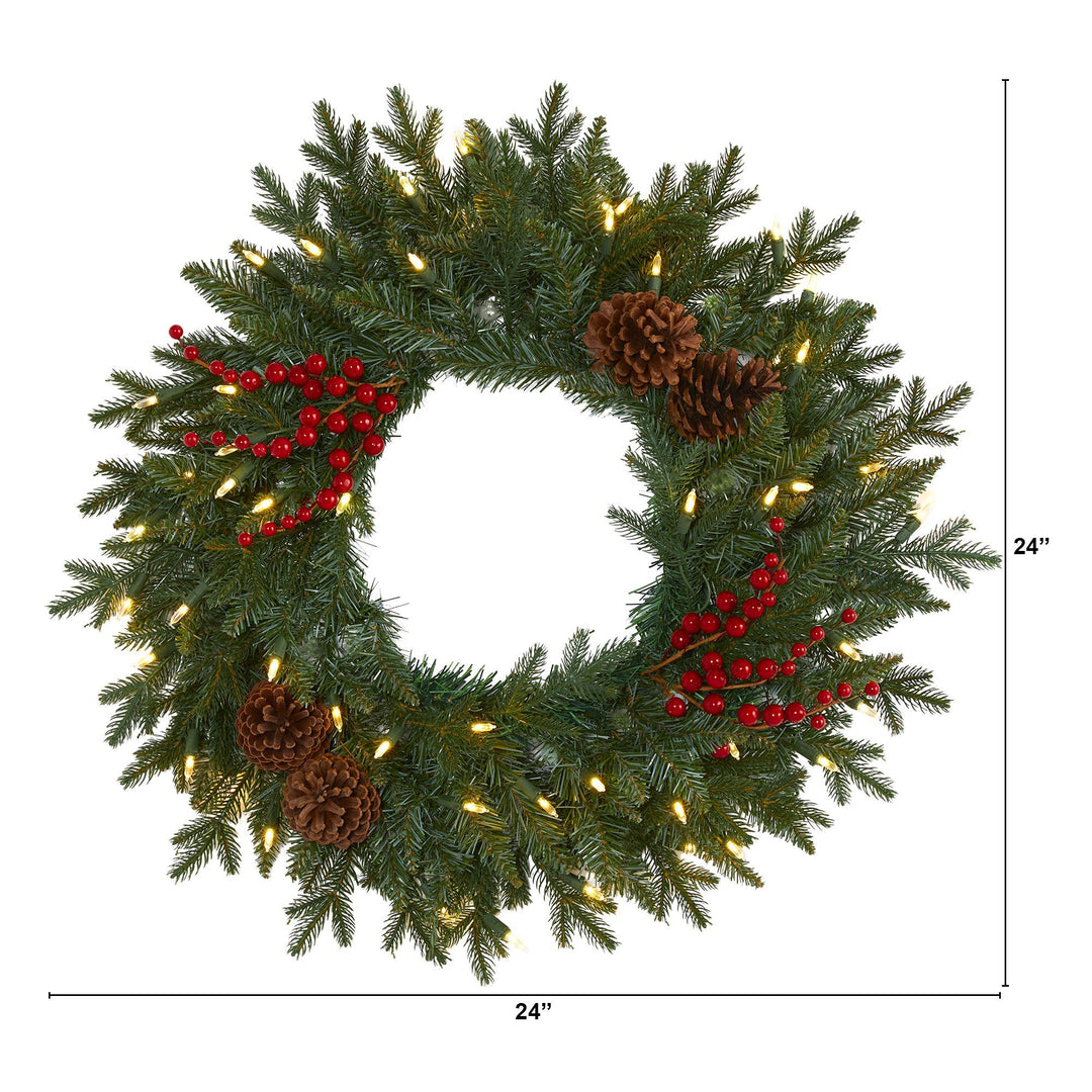 24” Green Pine Artificial Christmas Wreath with 50 Warm White LED Lights, Berries and Pine Cones