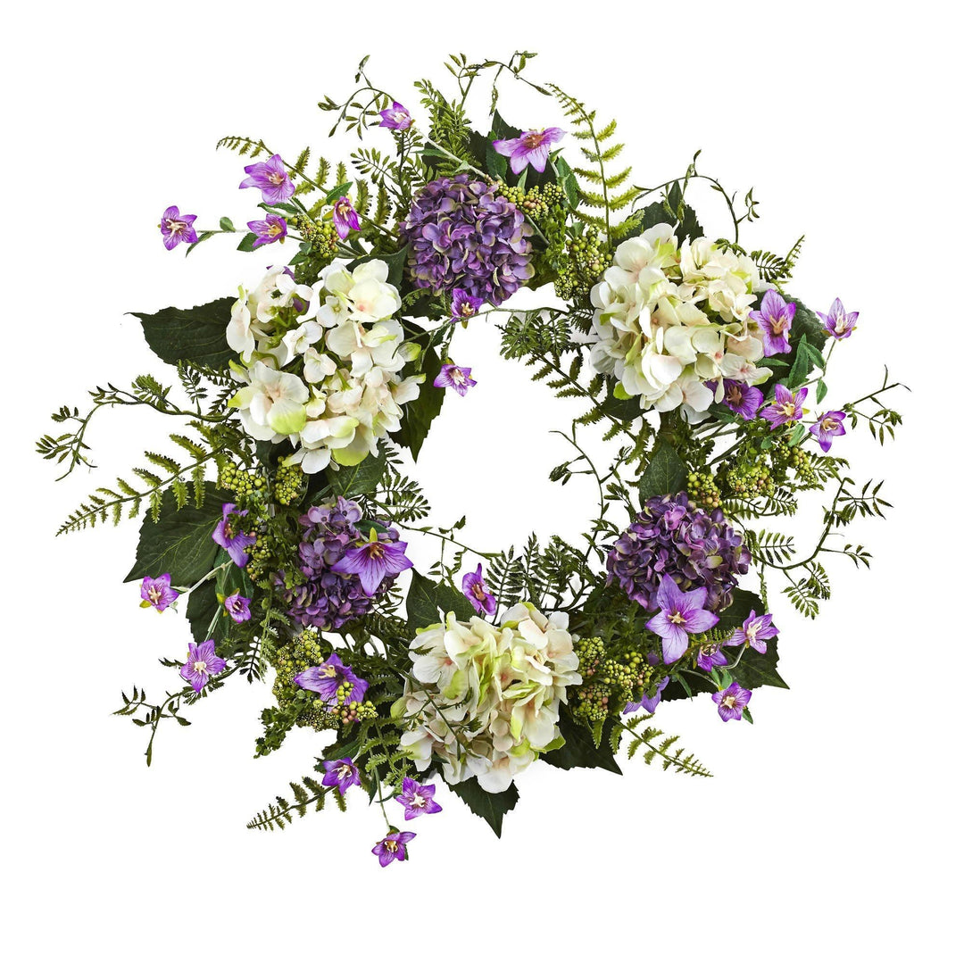 24” Artificial Hydrangea &amp; Berry Wreath Lively Greens and Purple
