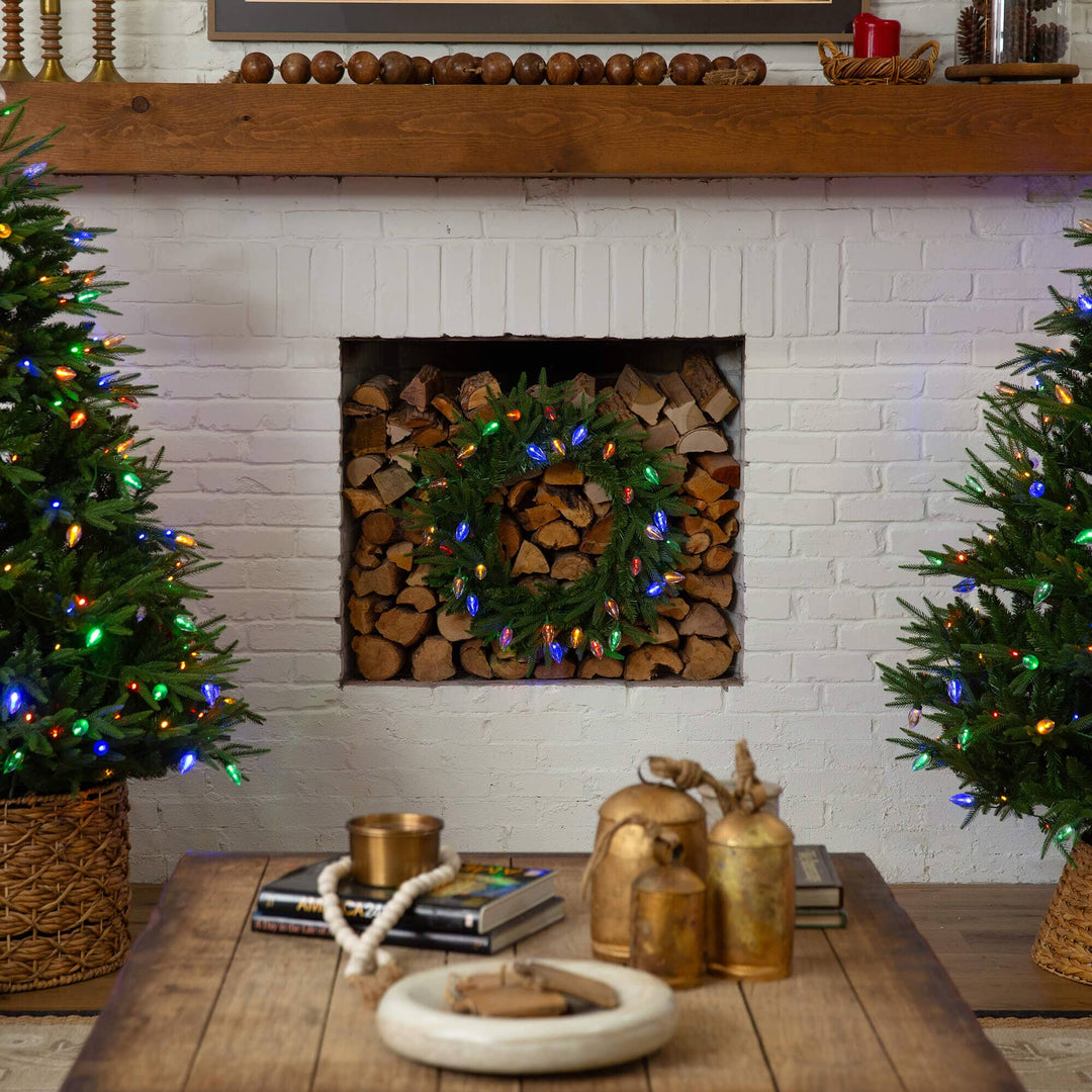 24" Pre-Lit Artificial Luxembourg Pine Christmas Wreath with 35 Multicolored Traditional Bulb LED Lights