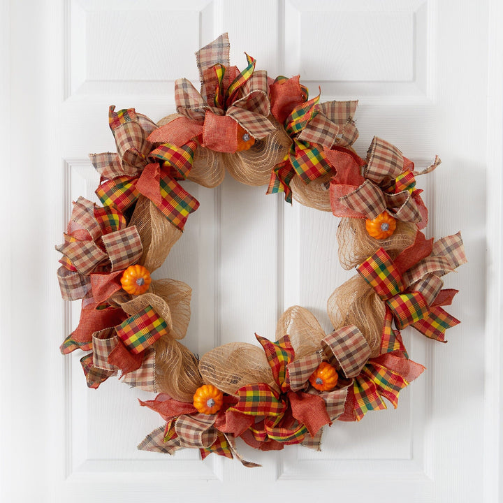 30” Autumn Pumpkin with Decorative Bows Artificial Fall Wreath