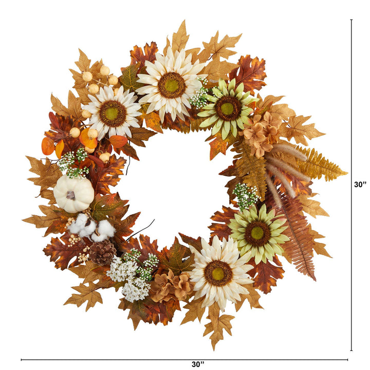 30” Autumn Sunflower, White Pumpkin and Berries Artificial Fall Wreath