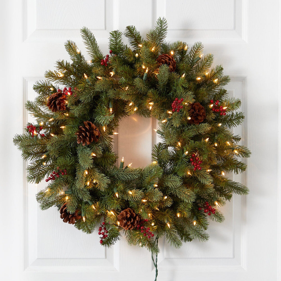 30” Lighted Pine Wreath w/Berries &amp; Pine Cones