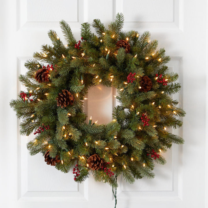 30” Lighted Pine Wreath w/Berries &amp; Pine Cones