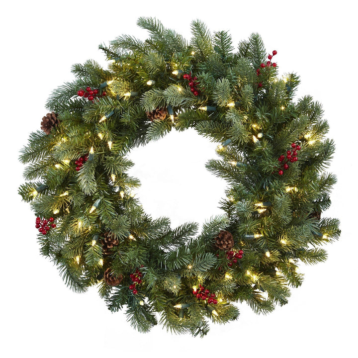 30” Lighted Pine Wreath w/Berries &amp; Pine Cones