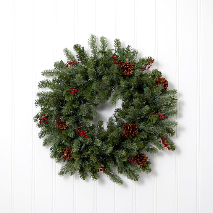 30” Lighted Pine Wreath w/Berries &amp; Pine Cones