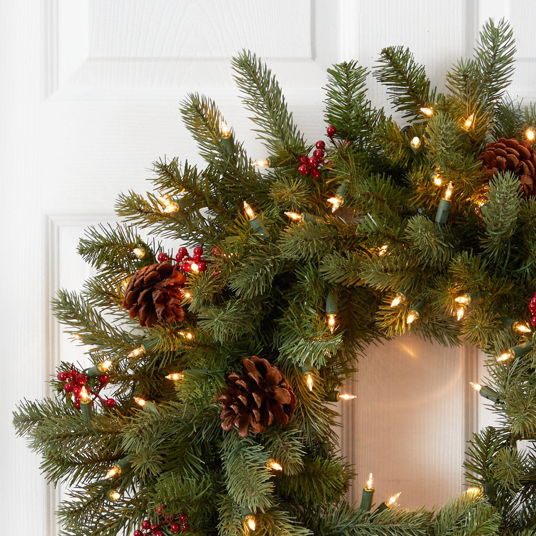 30” Lighted Pine Wreath w/Berries &amp; Pine Cones