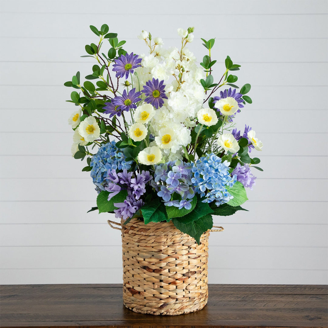 31” Artificial Mixed Flower &amp; Hydrangea Arrangement in Hyacinth Weave Basket
