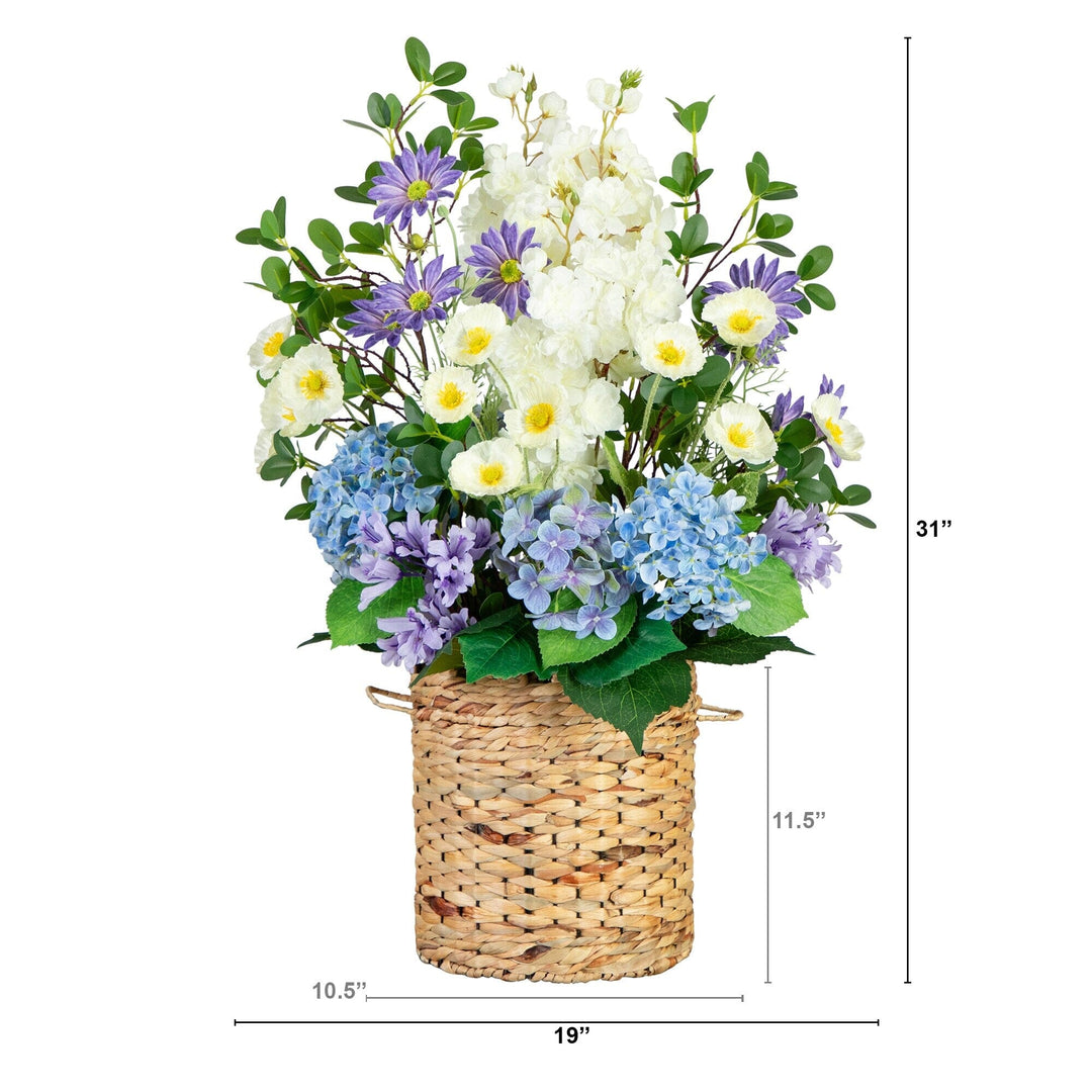 31” Artificial Mixed Flower &amp; Hydrangea Arrangement in Hyacinth Weave Basket