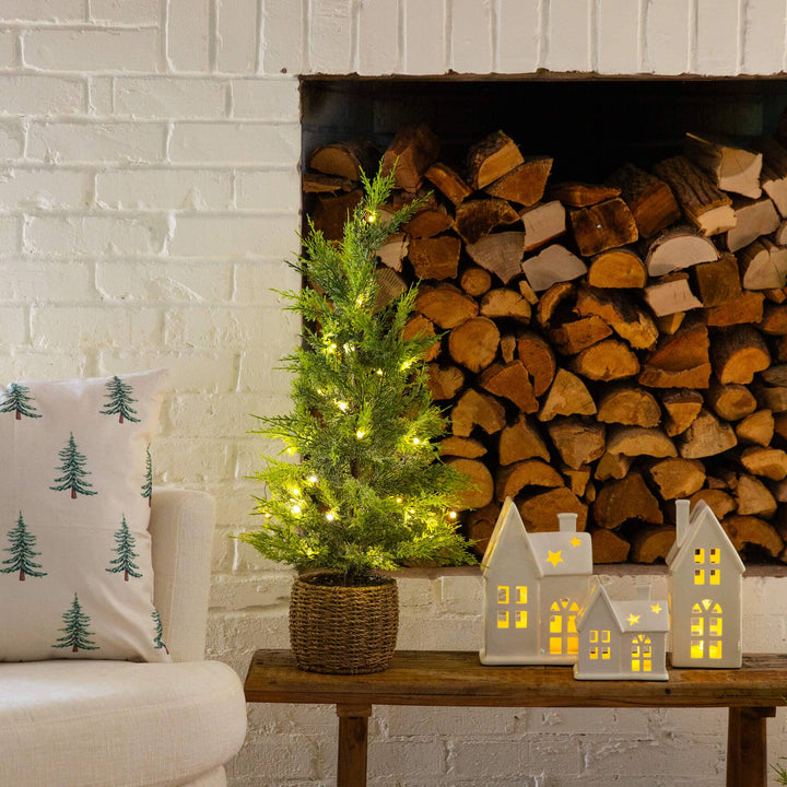 32" Pre-Lit Artificial Lightly Snowed Cypress Christmas Tree with 30 Warm White LED Lights in Decorative Weaved Basket