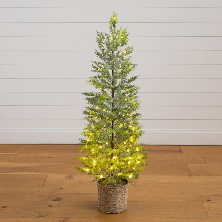 4’ Pre-Lit Artificial Snowed Cypress Christmas Tree with 120 LED Lights in Hyacinth Basket