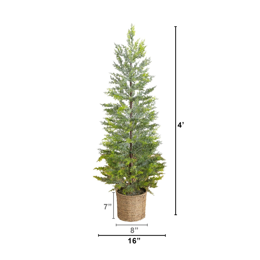 4’ Pre-Lit Artificial Snowed Cypress Christmas Tree with 120 LED Lights in Hyacinth Basket
