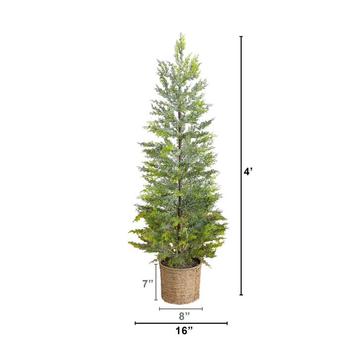4’ Pre-Lit Artificial Snowed Cypress Christmas Tree with 120 LED Lights in Hyacinth Basket