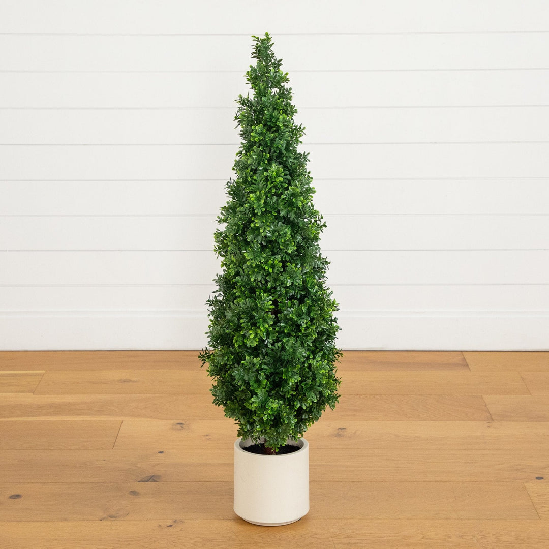 44" UV Resistant Artificial Boxwood Topiary Cone Tree in Decorative White Planter (Indoor/Outdoor)