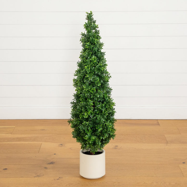 44" UV Resistant Artificial Boxwood Topiary Cone Tree in Decorative White Planter (Indoor/Outdoor)