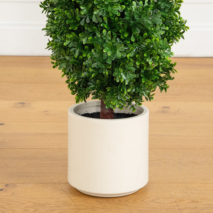 44" UV Resistant Artificial Boxwood Topiary Cone Tree in Decorative White Planter (Indoor/Outdoor)