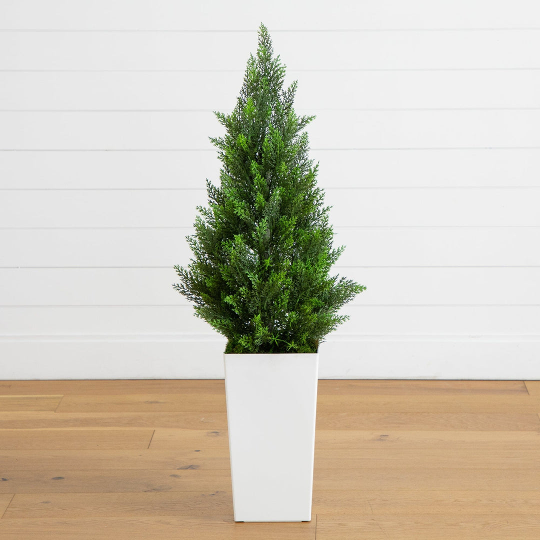 45" UV Resistant Artificial Cedar Tree in White Tower Planter (Indoor/Outdoor)