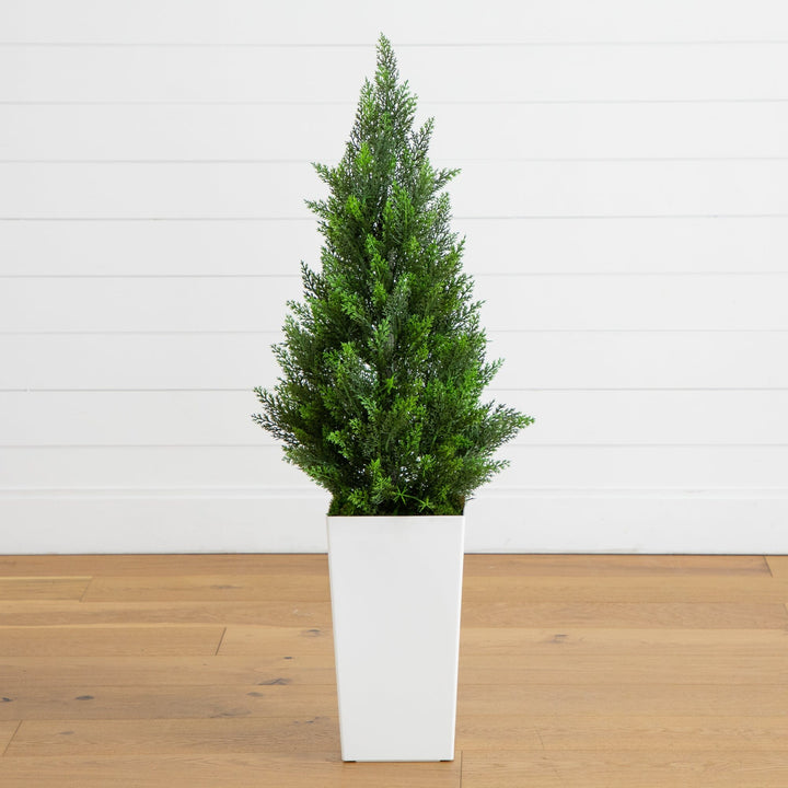 45" UV Resistant Artificial Cedar Tree in White Tower Planter (Indoor/Outdoor)