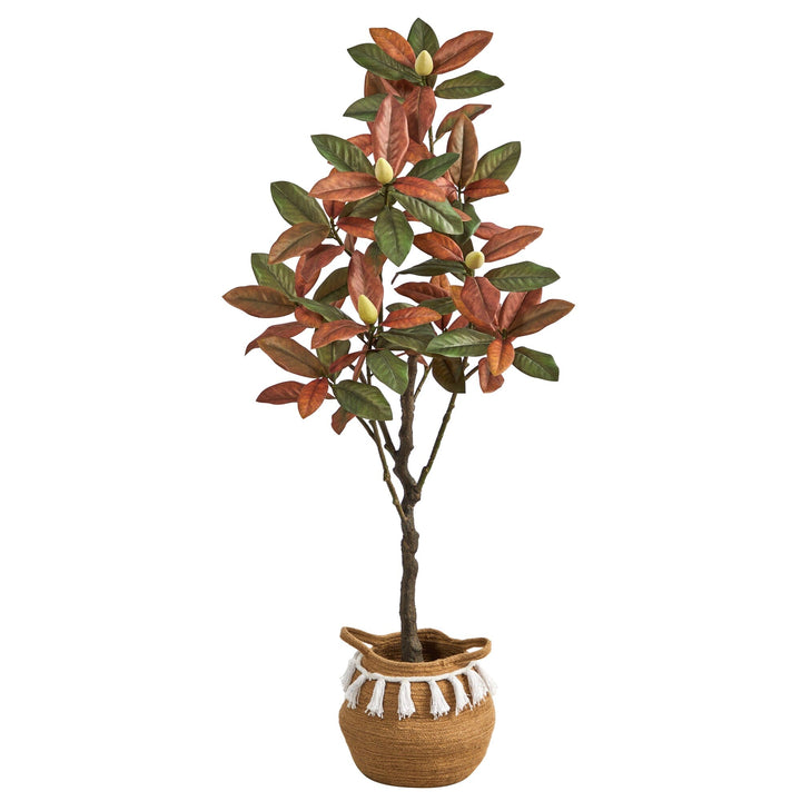 5’ Artificial Fall Magnolia Tree with  Handmade Jute &amp; Cotton Basket with Tassels
