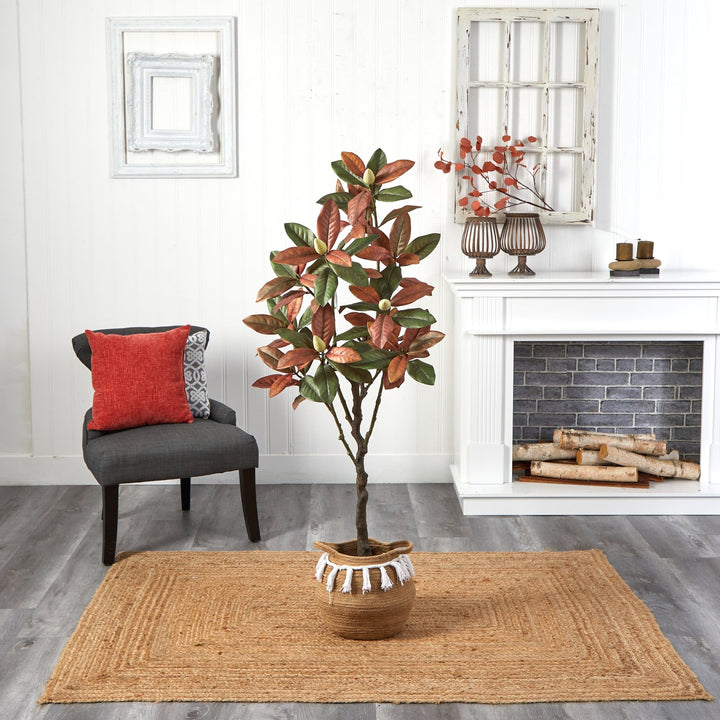 5’ Artificial Fall Magnolia Tree with  Handmade Jute &amp; Cotton Basket with Tassels