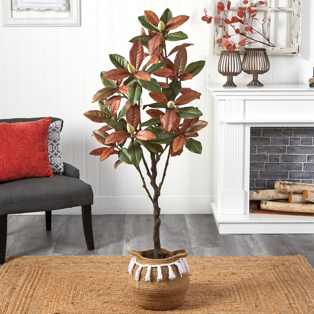 5’ Artificial Fall Magnolia Tree with  Handmade Jute &amp; Cotton Basket with Tassels