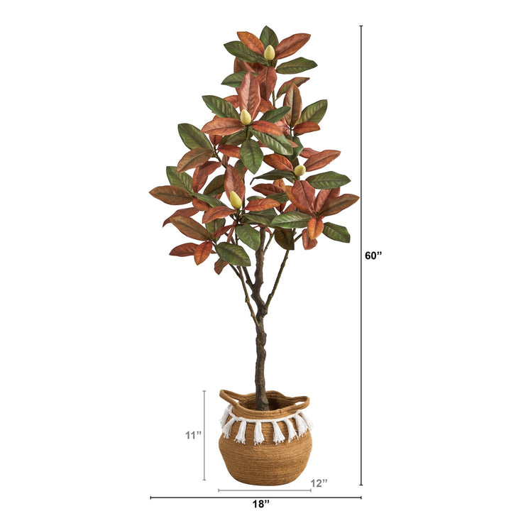 5’ Artificial Fall Magnolia Tree with  Handmade Jute &amp; Cotton Basket with Tassels