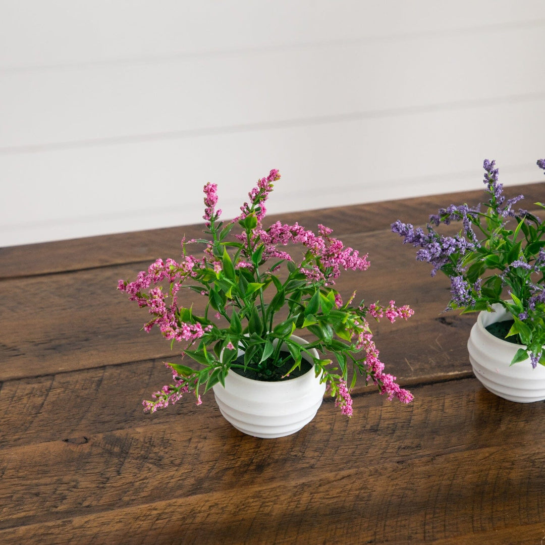 5” Artificial Mini Lavender Plant in White Decorative Oval Planter - Set of 3